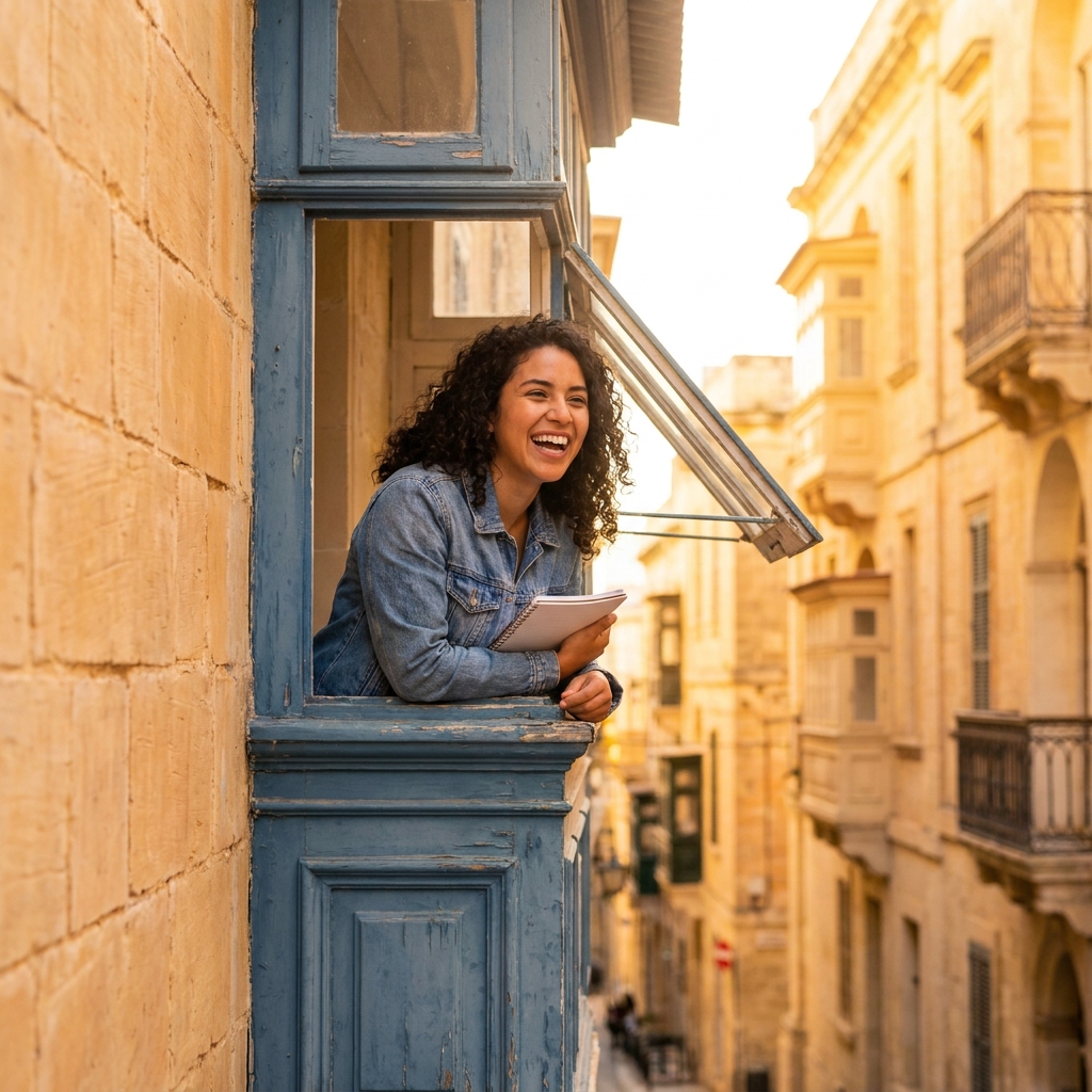 Student laughing on a Valletta balcony at golden hour, notebook in hand